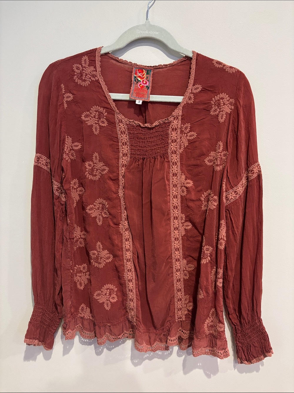 Johnny Was Embroidered Boho Blouse Rust Red Size S - FLAWED READ